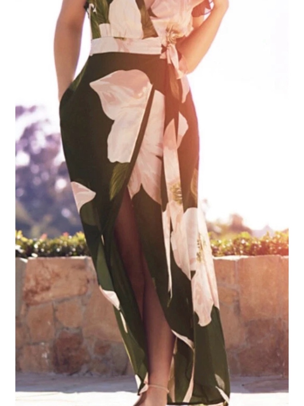 Happy Nature Floral Wrap Midi Dress NWT | Eco-Friendly Green Blush Ruffle Dress - Picture 2 of 10